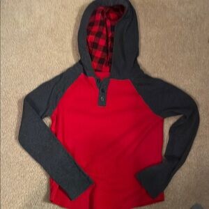 Red and dark gray Hooded Long Sleeve Shirt Buffalo plaid lined hood Henley style